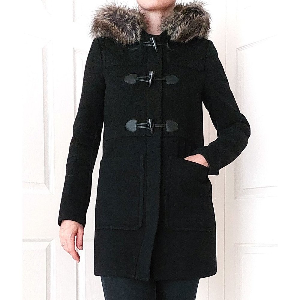 BCBG Black Hooded Wool Coat XS Detachable Realistic Faux Fur